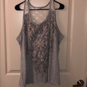 Grey rhinestone tank with lace back.